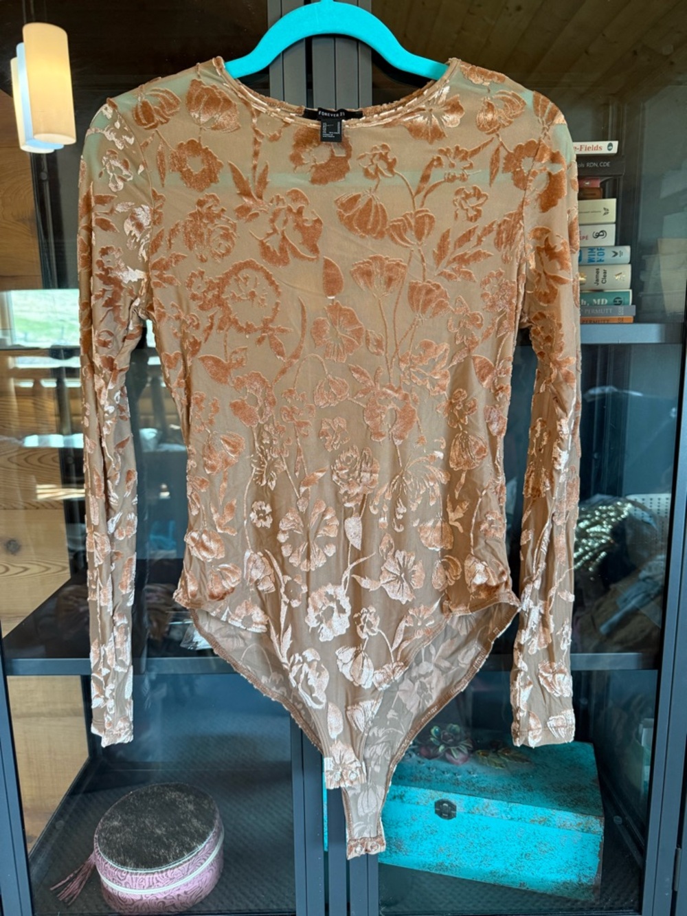 Forever 21 Women's Long-Sleeve Floral Burnout Bodysuit - Beige Brown